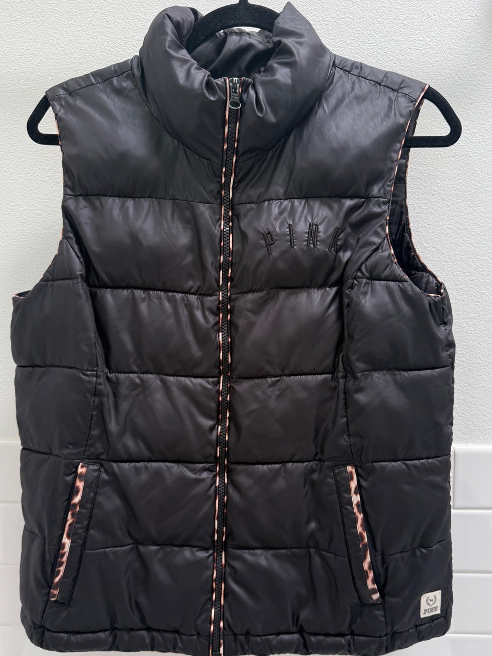 Victoria’s Secret PINK Black Puffer Vest with Leopard Trim - Size Medium